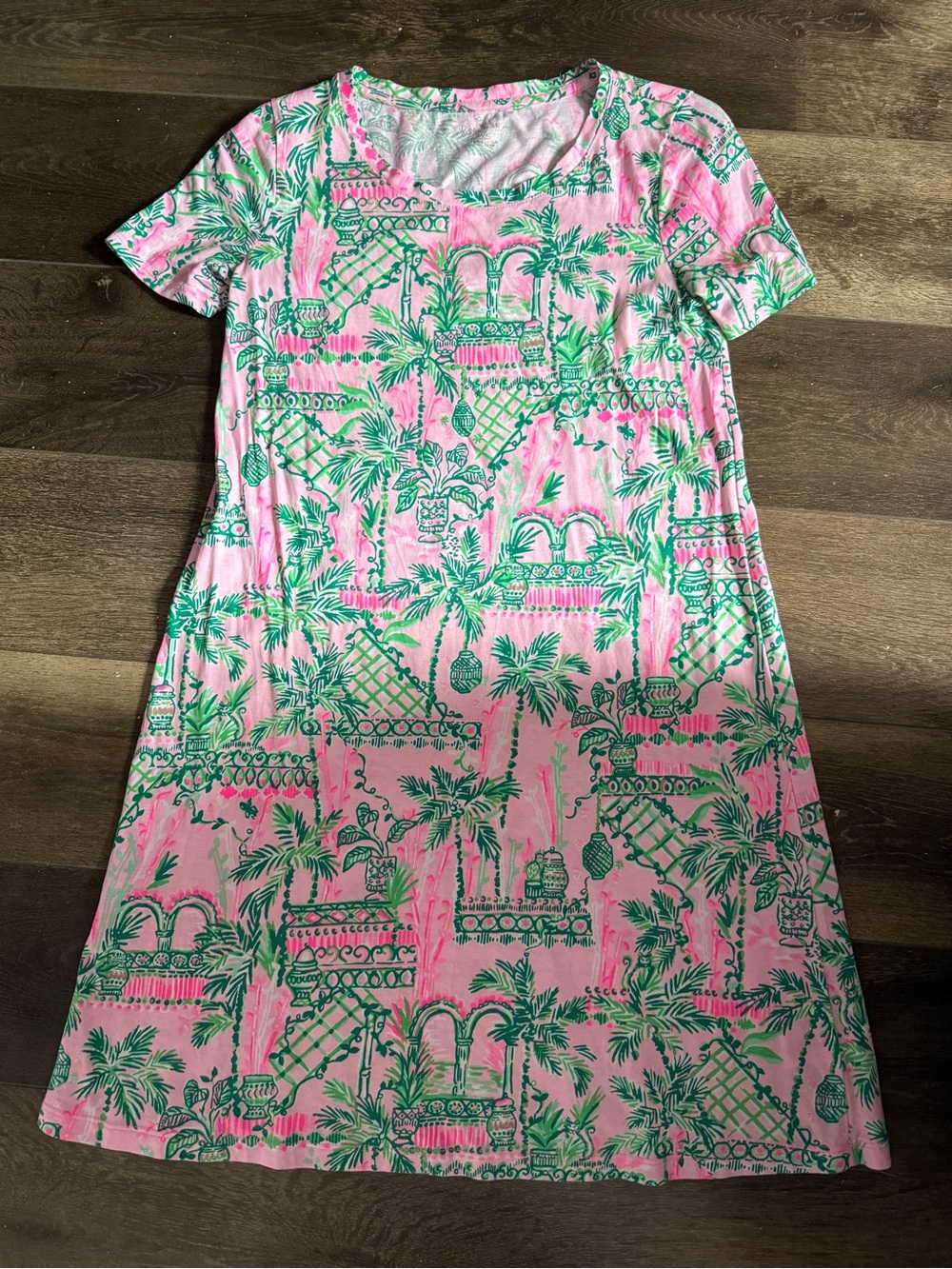 Lilly Pulitzer Pink & Green Palm Print Midi T-Shirt Dress